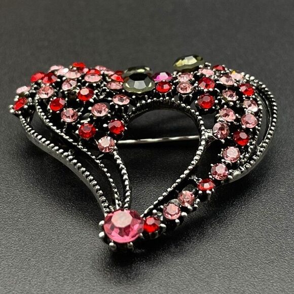 Gunmetal Gray with Ruby Pink Sapphire and Olivine Crystal Heart Pin Back Brooch - Picture 2 of 8